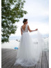 Ivory Lace Tulle Sheer Bodice V Back Long Wedding Dress